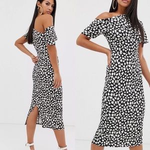 ASOS DESIGN pleated shoulder midi pencil dress in black and white spot print